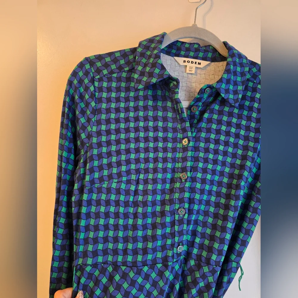 $145 Boden Laura Jersey Midi Shirt Dress Abstract Green Blue Sz 2P - Picture 8 of 10